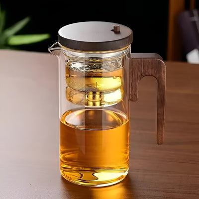 Glasteekanne mit Holzgriff – Ein-Klick-Filter | Perfekt für losen Tee & Puer