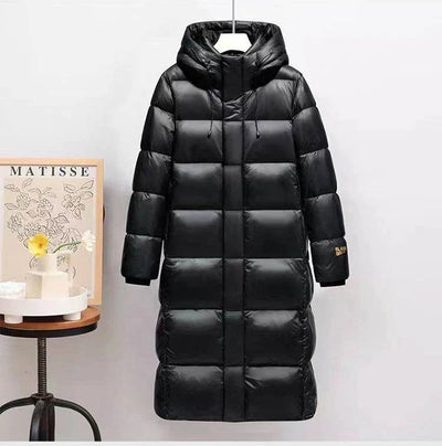 Schwarz Eleganz | Überlange Daunen-Pufferjacke für stilvolle Wärme
