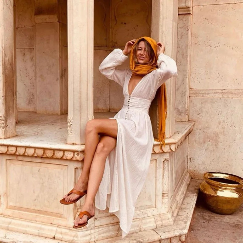 Lina Sommerkleid | Langes, schickes Damenkleid mit langen Ärmeln und V-Ausschnitt