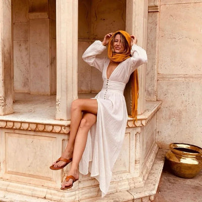 Lina Sommerkleid | Langes, schickes Damenkleid mit langen Ärmeln und V-Ausschnitt