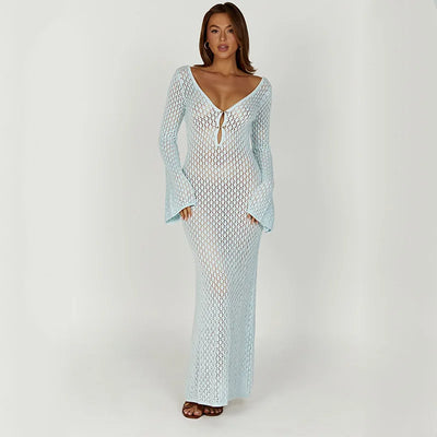 Frieda Hollow Strandkleid | Gestricktes Strandkleid mit V-Ausschnitt und langem Schnitt