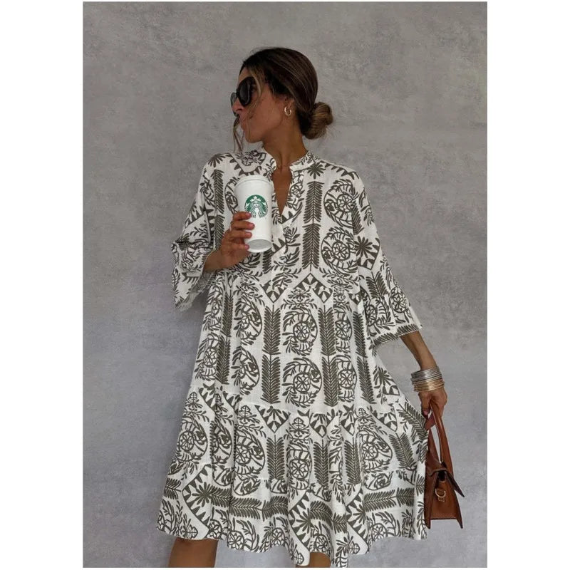 Tunika Kleid für Damen - Gemustertes Sommerkleid mit Stehkragen