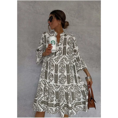 Tunika Kleid für Damen - Gemustertes Sommerkleid mit Stehkragen