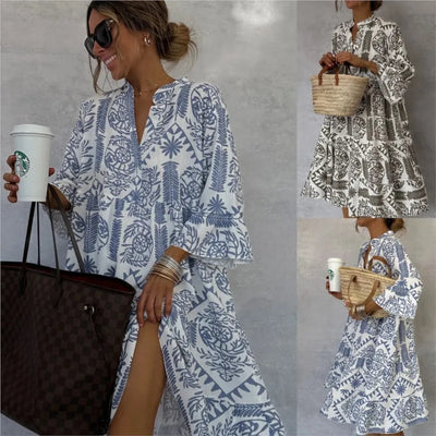 Tunika Kleid für Damen - Gemustertes Sommerkleid mit Stehkragen
