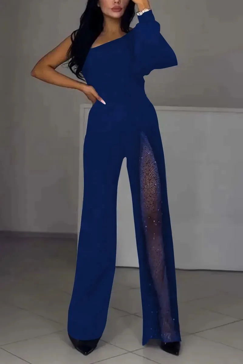 Modischer und sexy Damen Jumpsuit mit abfallenden Schultern und hohem Schlitz