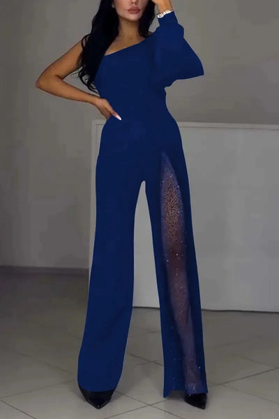 Modischer und sexy Damen Jumpsuit mit abfallenden Schultern und hohem Schlitz