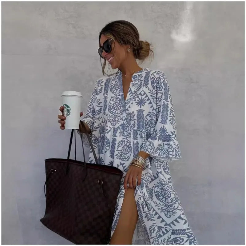 Tunika Kleid für Damen - Gemustertes Sommerkleid mit Stehkragen