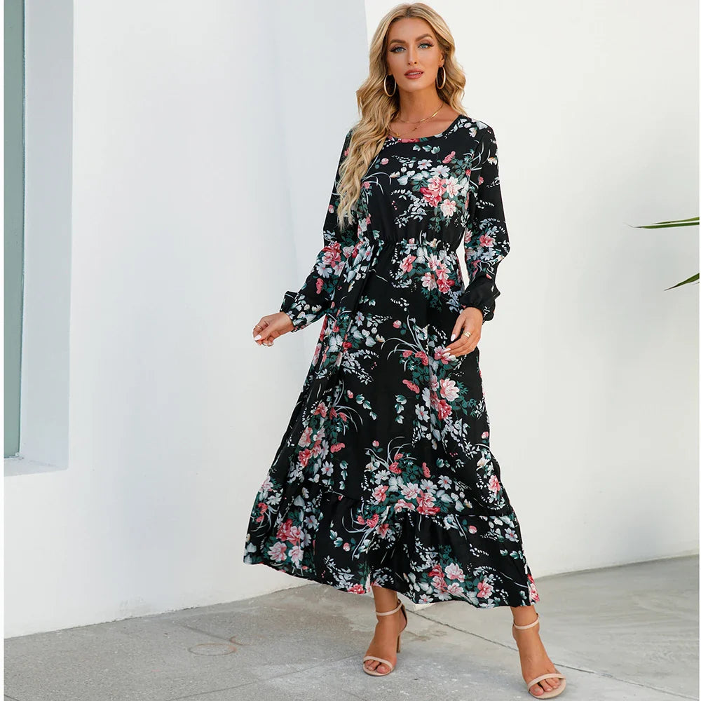 Damen Boho Maxikleid mit Blumenmuster | Langarm