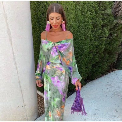 Heidi-Mode | Elegante Tie-Dye ärmellose Kleid mit Schal