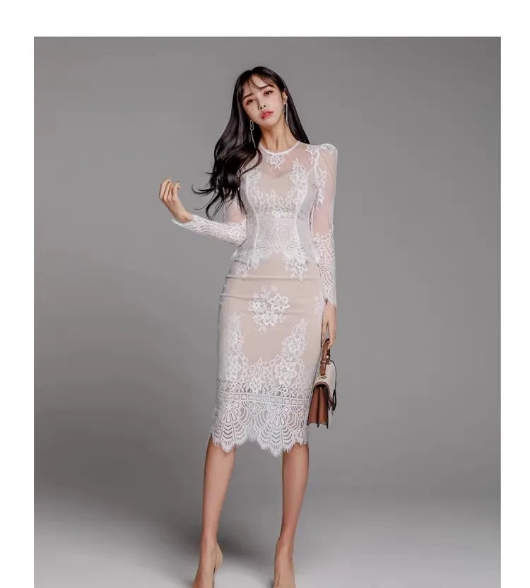 Iris Bleistiftkleid | Elegantes Vintage-Spitzenkleid mit langen Ärmeln für Damen