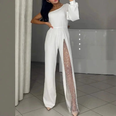 Modischer und sexy Damen Jumpsuit mit abfallenden Schultern und hohem Schlitz