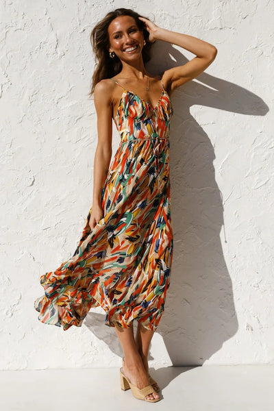 Isla | Midi Dress with Sunset Brushstroke Design