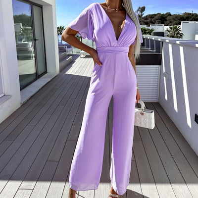 Heidi-Mode | Tiefer V-Ausschnitt Weite Hosen Jumpsuit