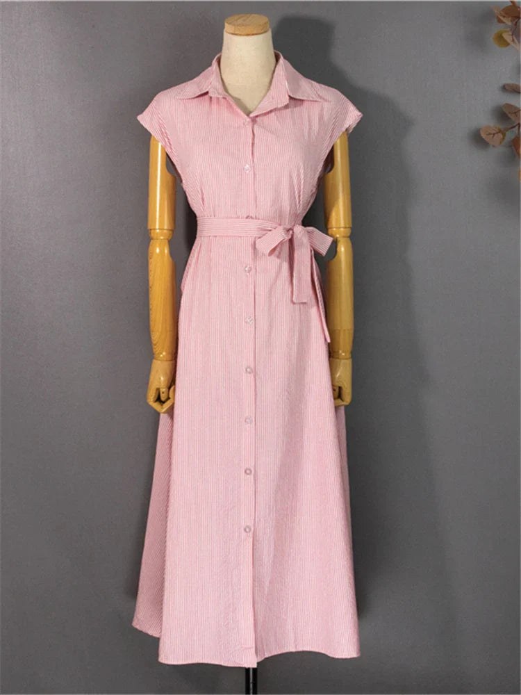 Rania Gestreiftes Kleid | Modernes trendiges A-Linien-Kleid mit kurzen Ärmeln für den Sommer für Frauen