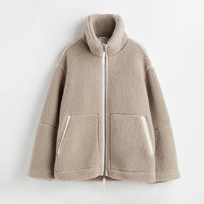 Übergroße Damenjacke aus Wolle mit hohem Kragen und Reißverschluss – trendige Jacke für Streetwear und Freizeitkleidung