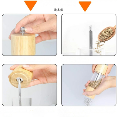 Pfeffer- und Salzmühlen im 2er-Set – Aus Holz mit Sichtfenster und Reinigungsbürste