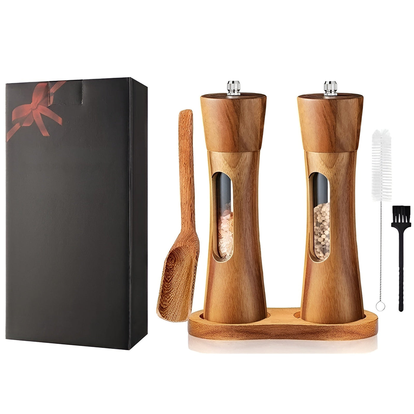 Manuelle Salz- und Pfeffermühlen – Holzdesign mit Acrylfenster | Set mit 2 Mühlen