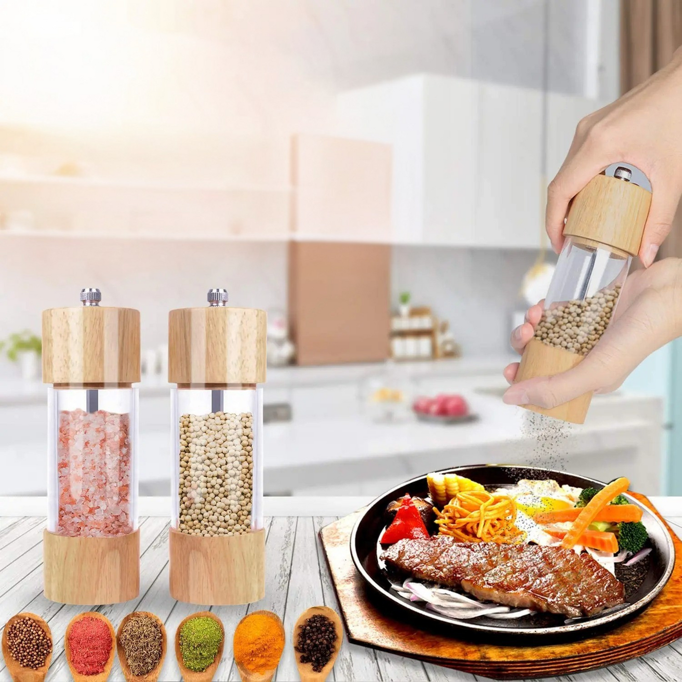 Pfeffer- und Salzmühlen im 2er-Set – Aus Holz mit Sichtfenster und Reinigungsbürste