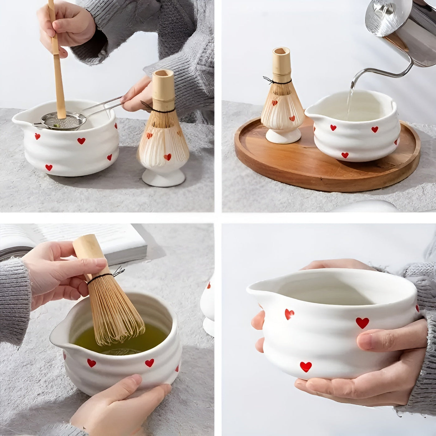 Matcha-Schale mit Herzdesign – 1/3/4/5 Stück Ausgießer & Bambusbesen | Ideal für den Hausgebrauch