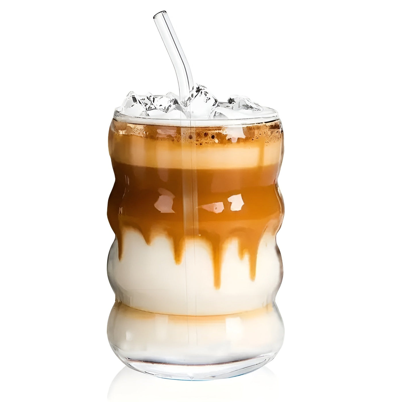 Rippenglas mit Strohhalm – 2 Stk Wellenform, 450ml | Stilvolles Trinkglas für Eiskaffee, Matcha & Saft