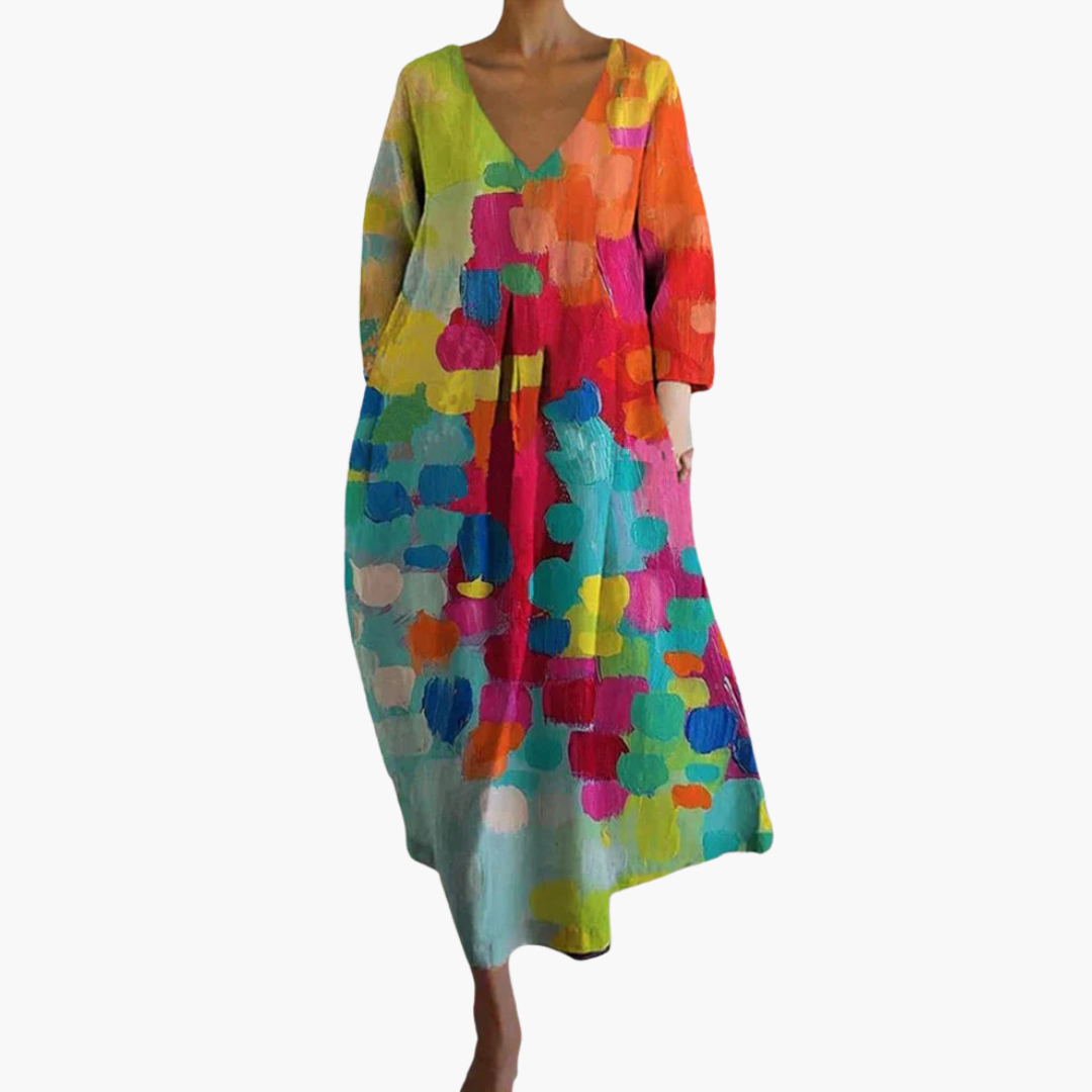 Farbenfrohes V-Ausschnitt - Sommerkleid für Damen im Print-Stil