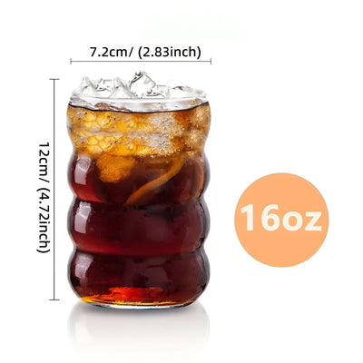 Rippenglas mit Strohhalm – 2 Stk Wellenform, 450ml | Stilvolles Trinkglas für Eiskaffee, Matcha & Saft