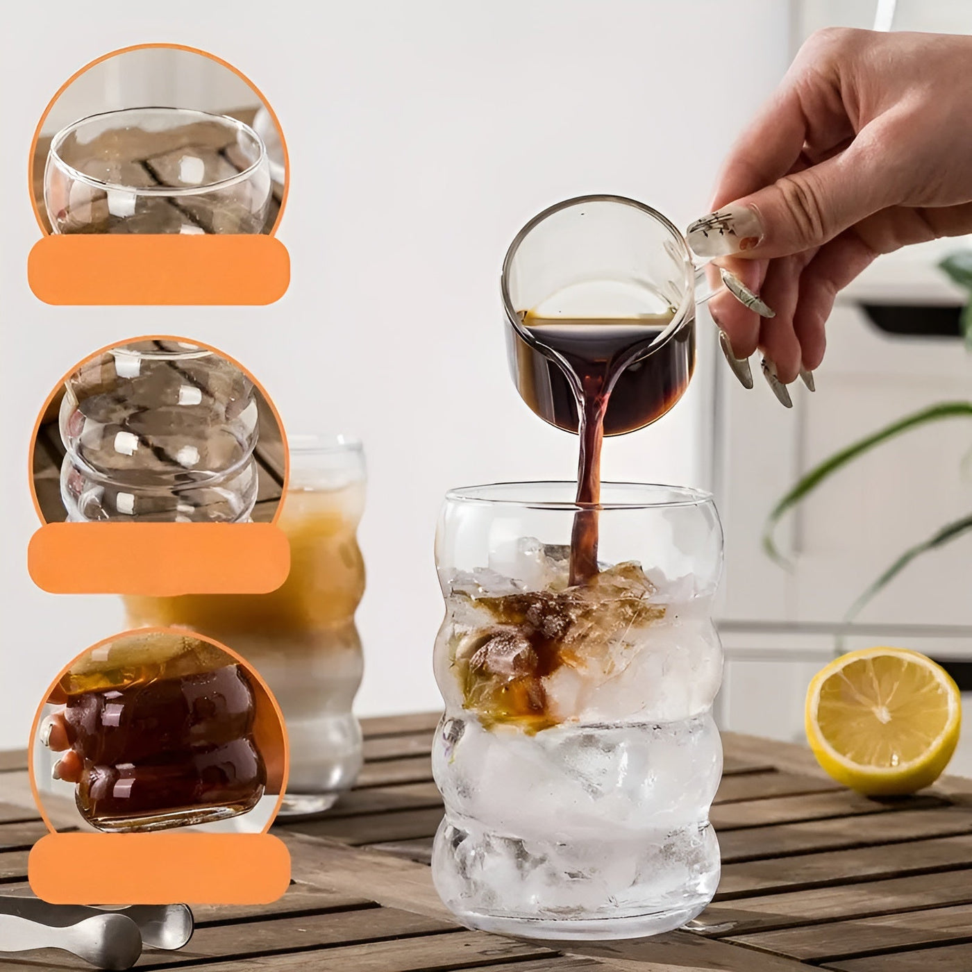 Rippenglas mit Strohhalm – 2 Stk Wellenform, 450ml | Stilvolles Trinkglas für Eiskaffee, Matcha & Saft