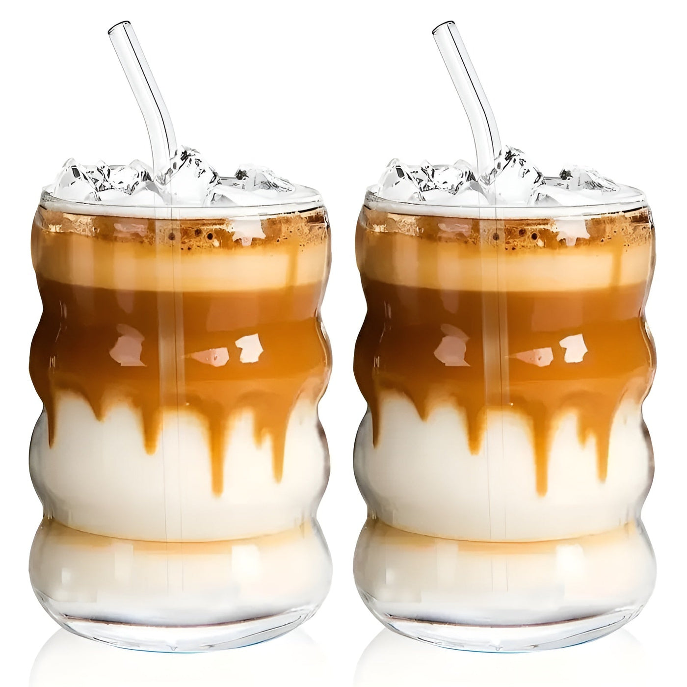 Rippenglas mit Strohhalm – 2 Stk Wellenform, 450ml | Stilvolles Trinkglas für Eiskaffee, Matcha & Saft