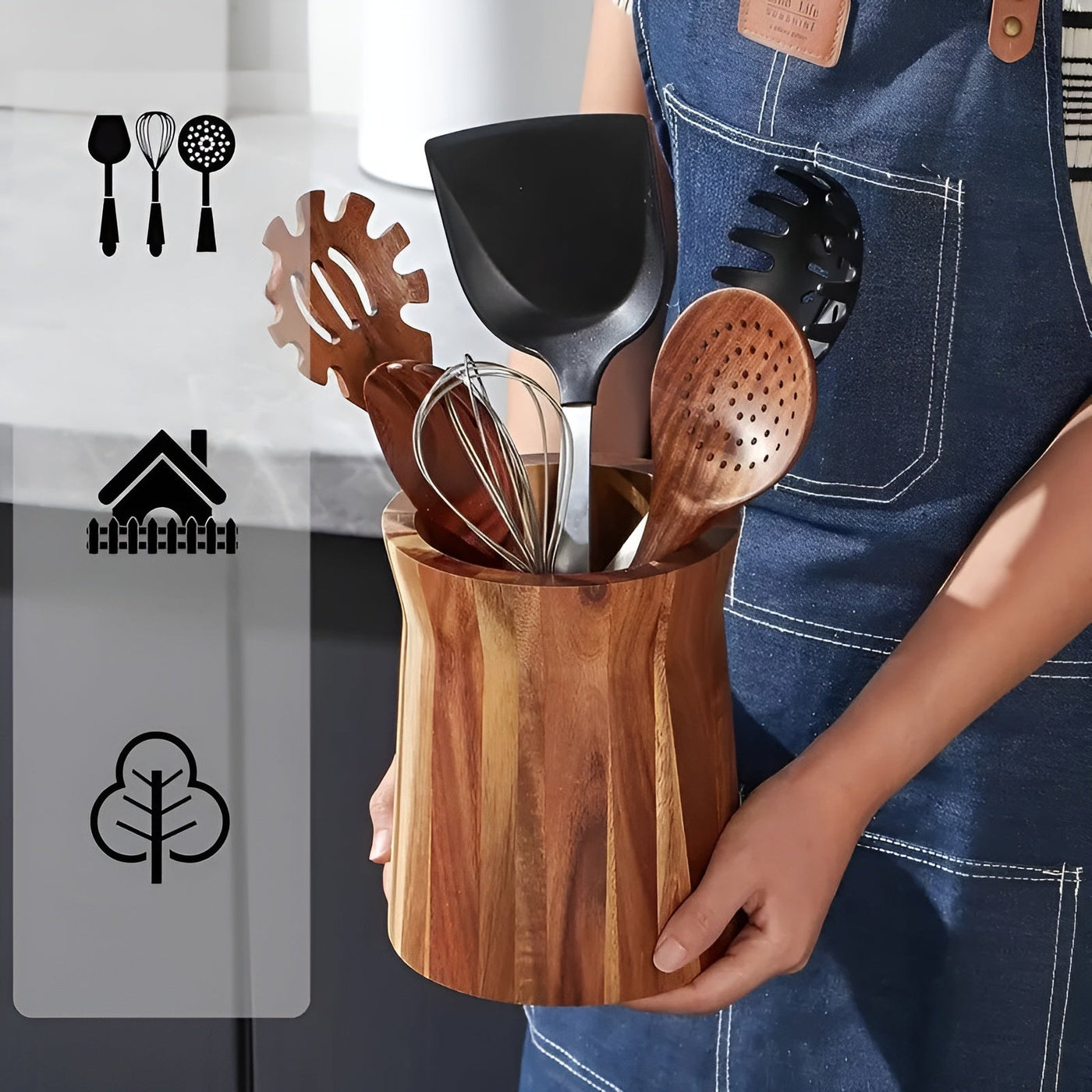 Utensilienhalter aus Akazienholz – Drehbar und Robust | Küchenorganizer im Rustikalen Design