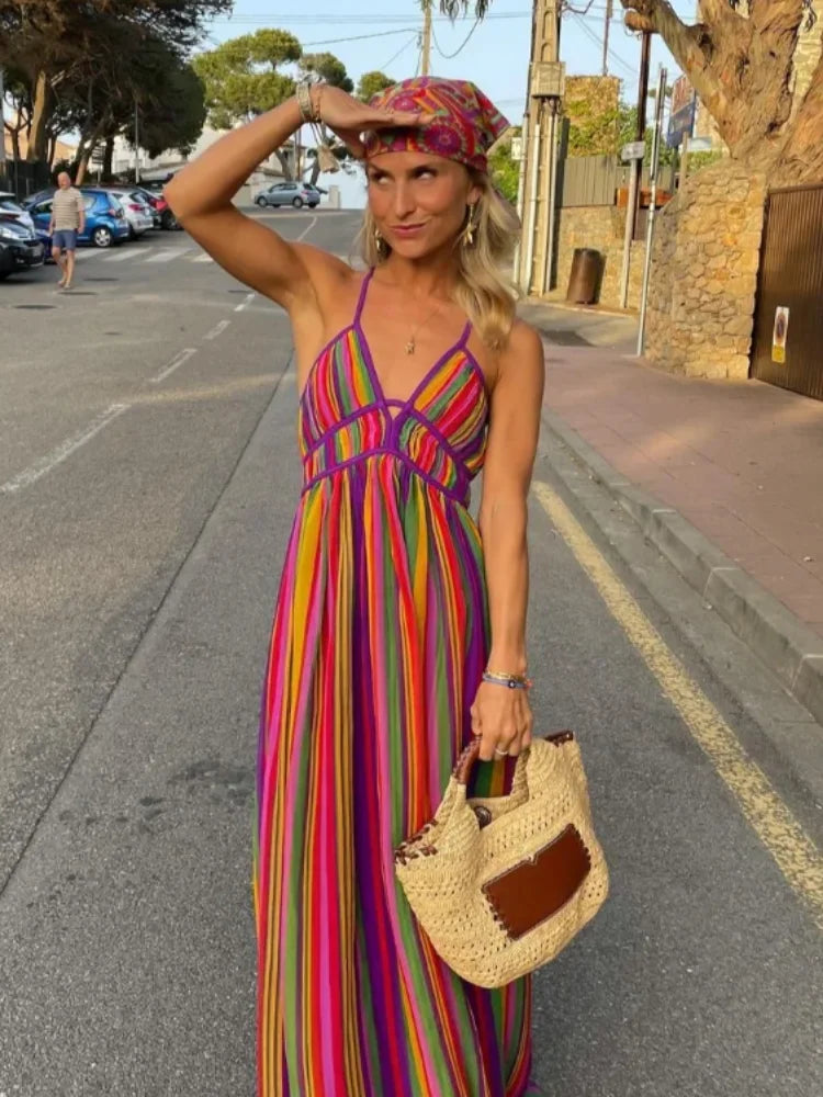 Heidi-Mode | Gestreiftes V-Ausschnitt Maxi-Kleid