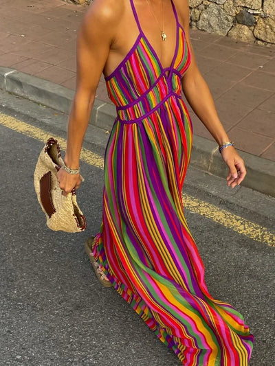 Heidi-Mode | Gestreiftes V-Ausschnitt Maxi-Kleid