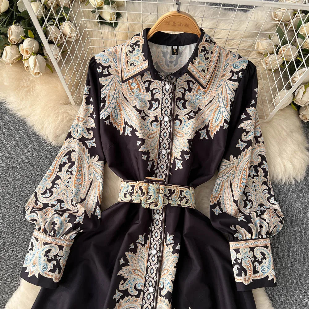 Petrin | Damen Kleid Mit Blumenmuster Gürtel