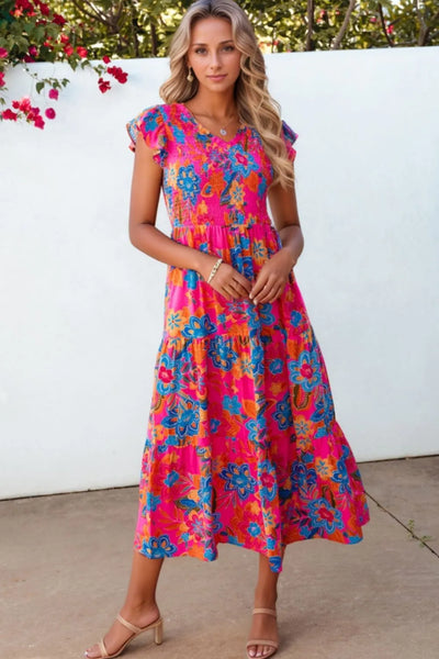 Boho Floral V Neck Ruffle Tiered Dress