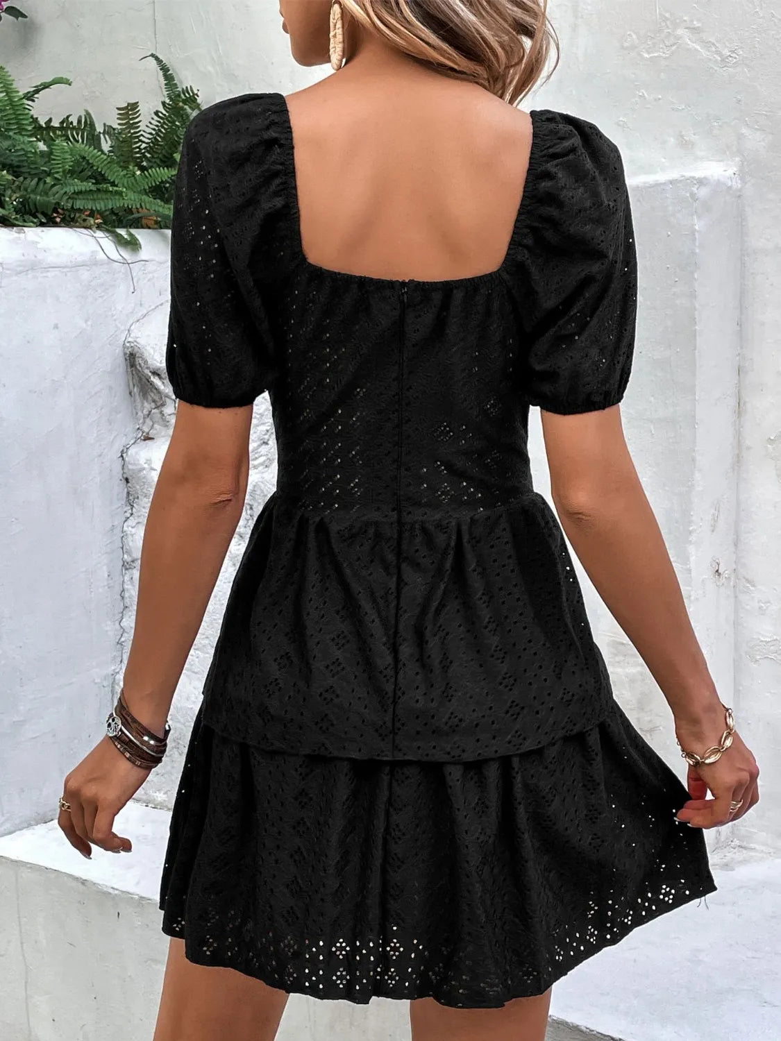 Layered Eyelet Short Sleeve Mini Dress