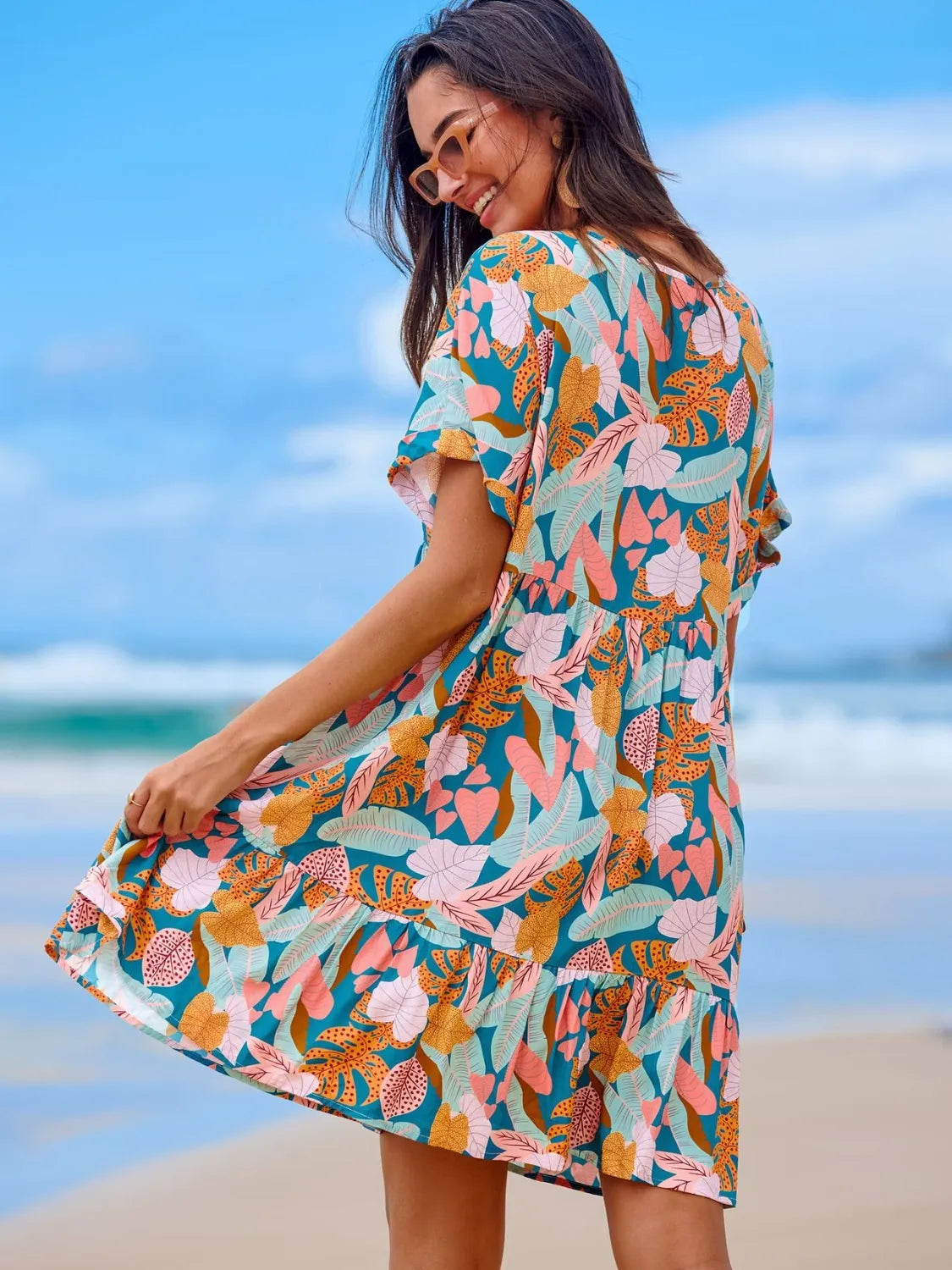 Printed V-Neck Short Sleeve Dress