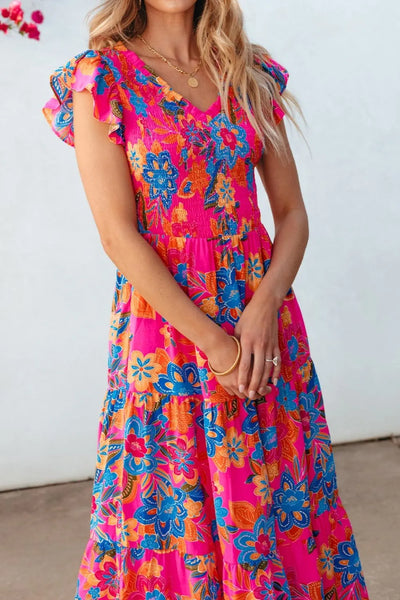 Boho Floral V Neck Ruffle Tiered Dress