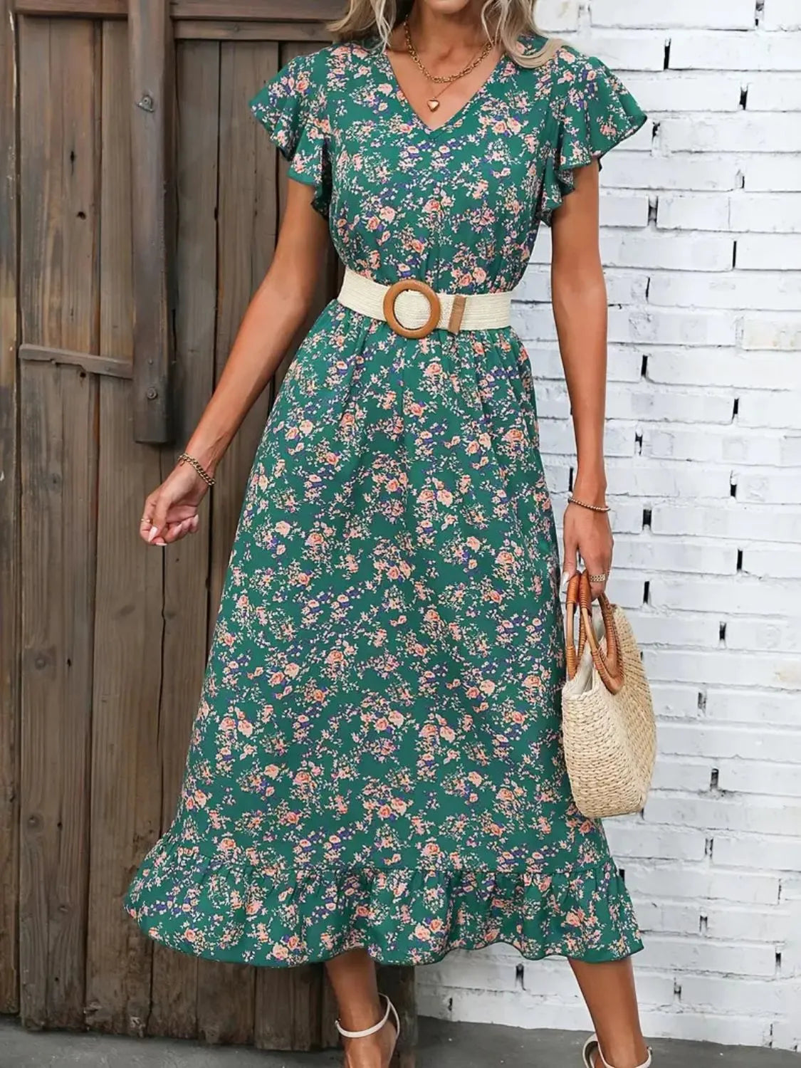 Ruffled Floral V-Neck Cap Sleeve Dress