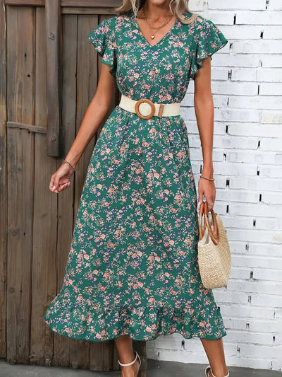 Ruffled Floral V-Neck Cap Sleeve Dress