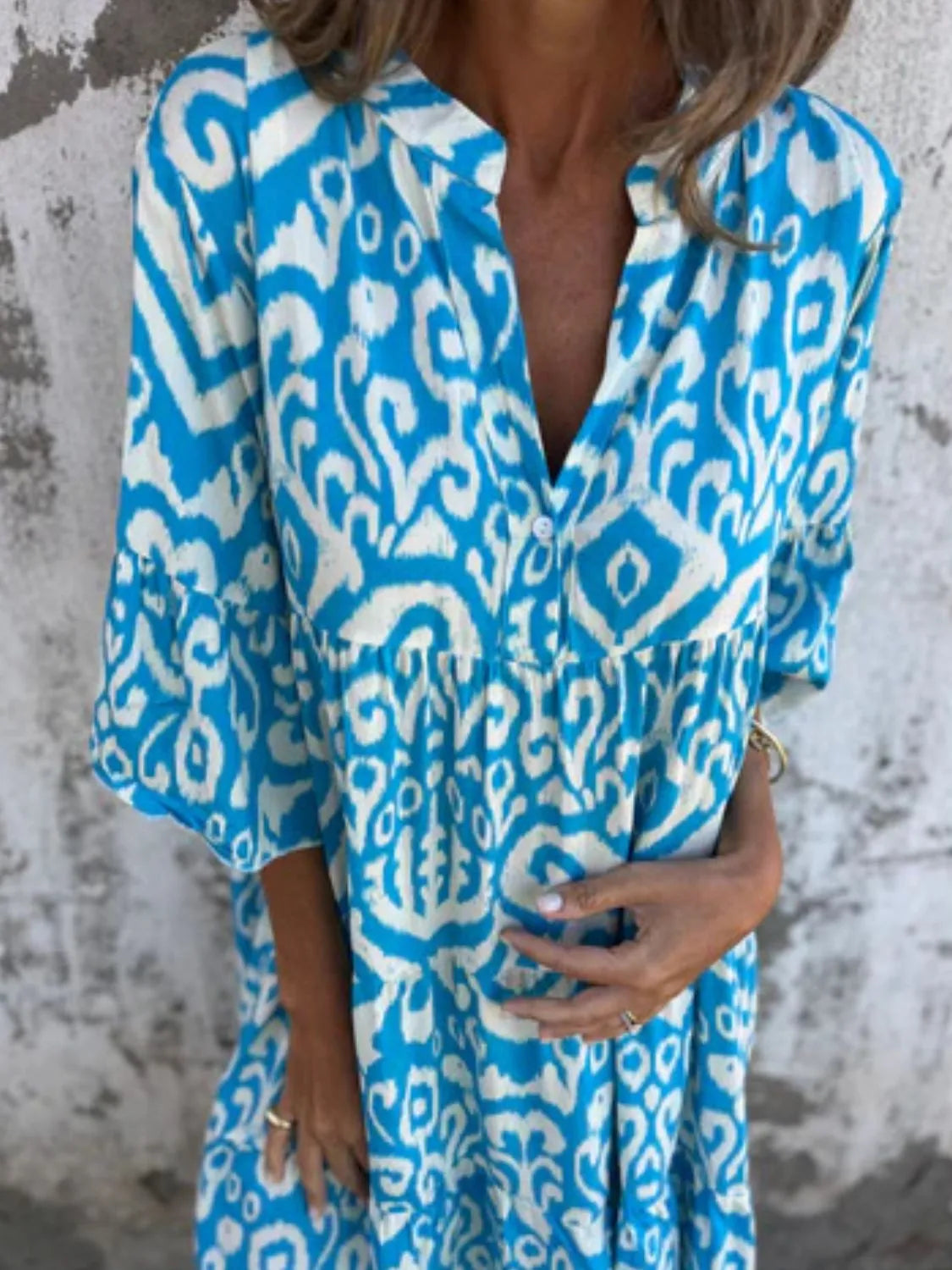 Full Size Printed Notched Half Sleeve Dress Plus Size