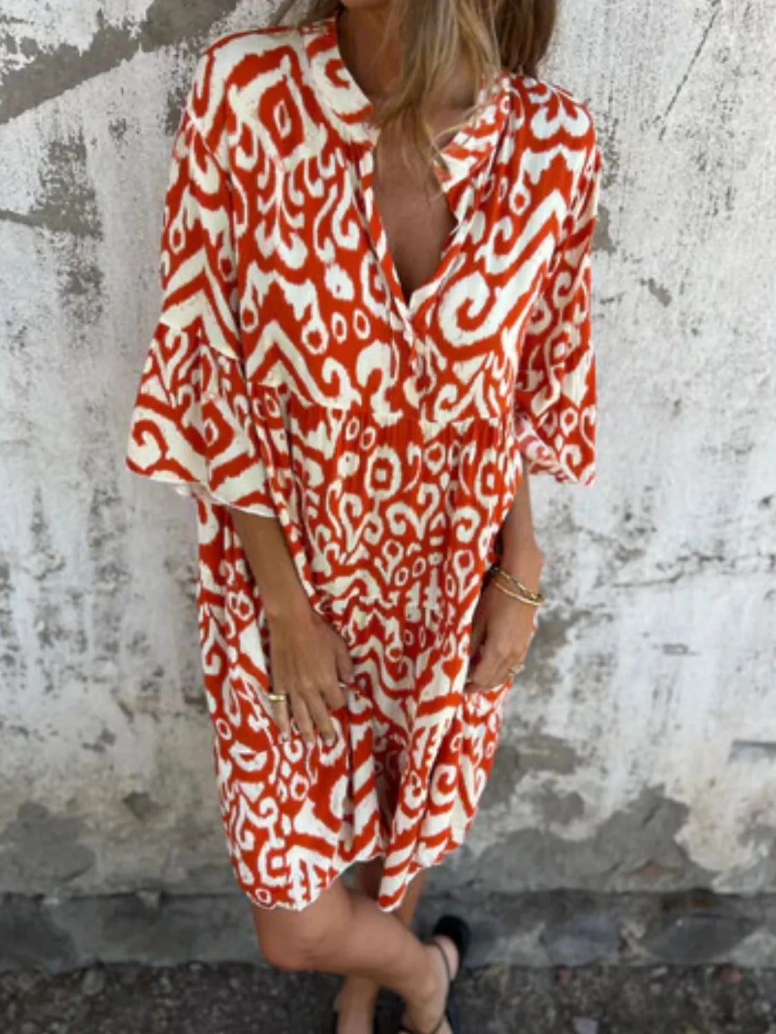 Full Size Printed Notched Half Sleeve Dress Plus Size