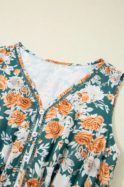 Floral Print Trimmed V Neck Tie Waist Sleeveless Dress