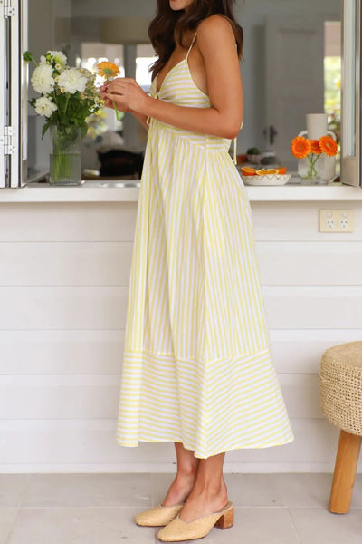 Smocked Back Striped Sleeveless Midi Cami Dress