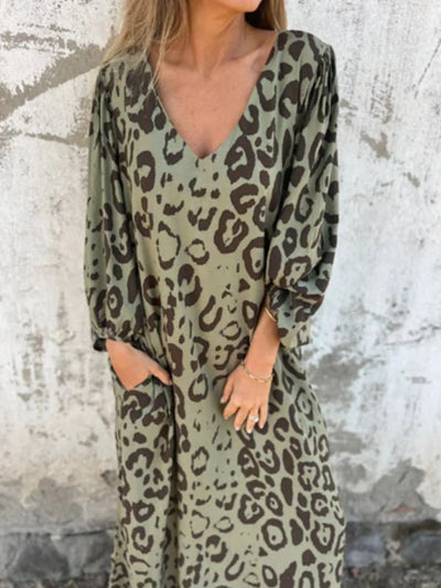 Full Size Printed V-Neck Dress with Pockets Plus Size