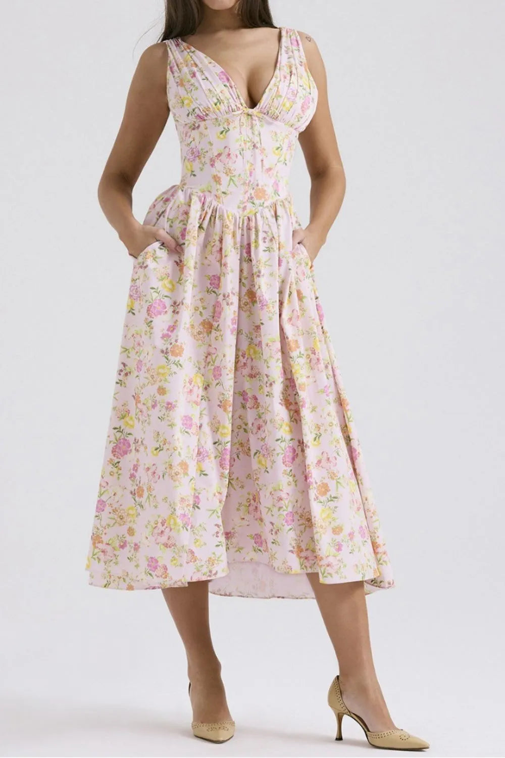 Floral V-Neck Sleeveless Midi Dress with Pockets