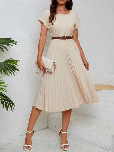 Elegantes Beiges Plissiertes Midi-Kleid für Damen