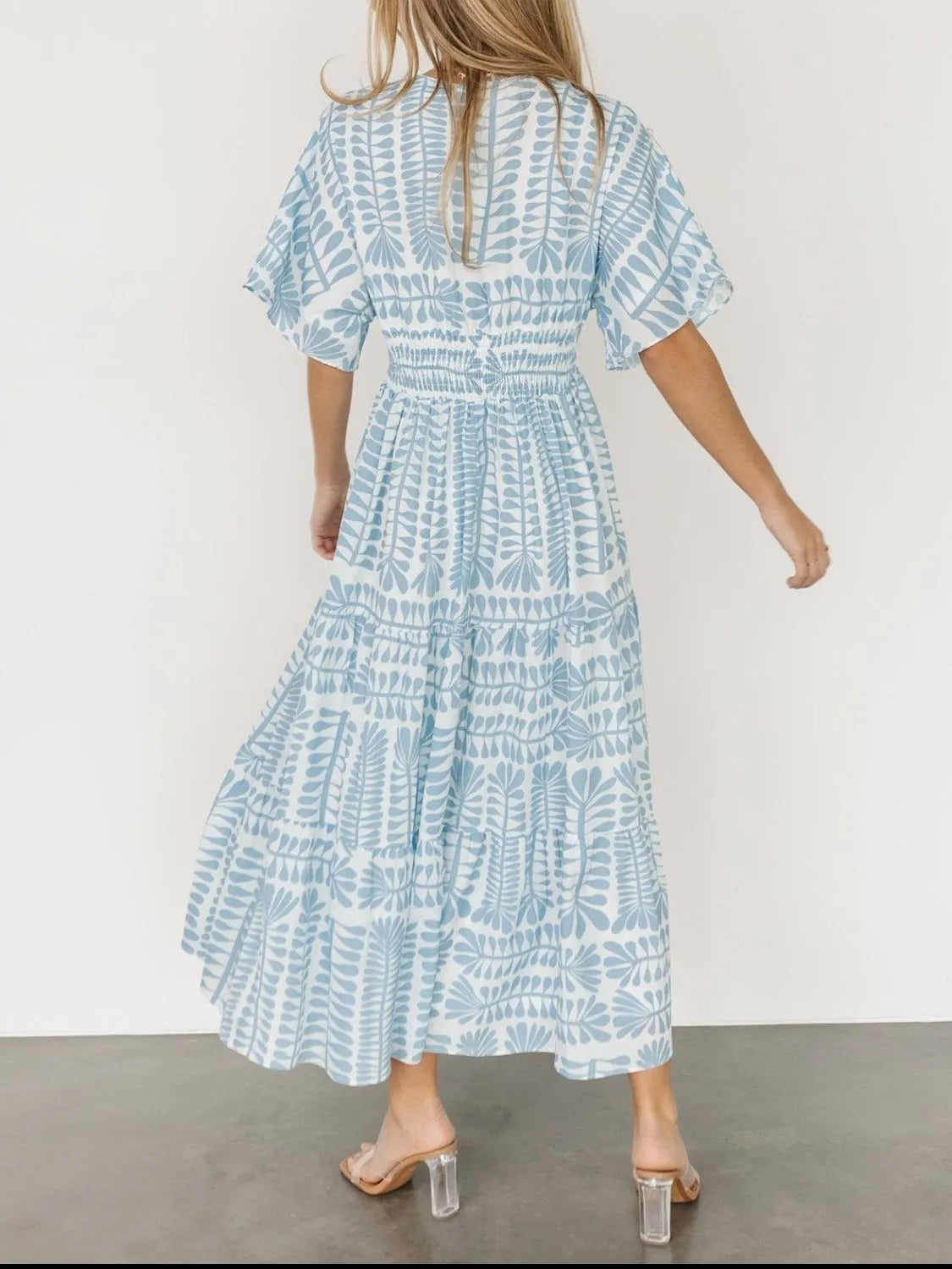 Ruched Printed V-Neck Half Sleeve Midi Dress