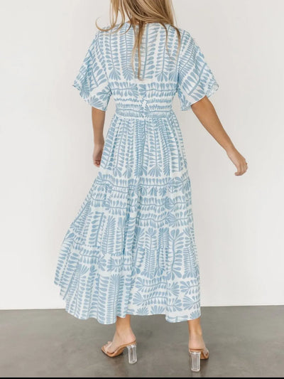 Ruched Printed V-Neck Half Sleeve Midi Dress