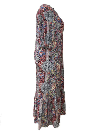 Full Size Bohemian Paisley Print Ruffle Hem Midi Dress Plus Size