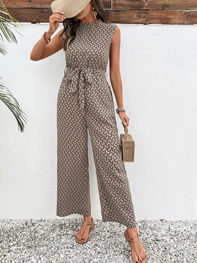 Printed Mock Neck Sleeveless Jumpsuit