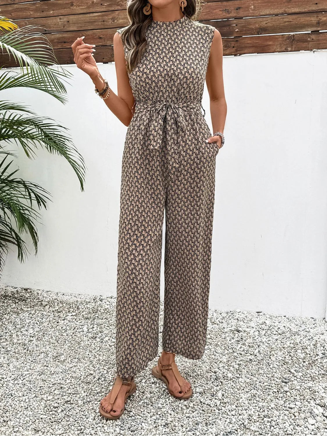 Printed Mock Neck Sleeveless Jumpsuit